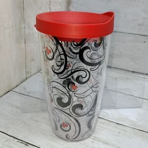 Tervis Tumbler 16oz Red Lid Clear Plastic Black Swirl Pattern Travel Drinkware